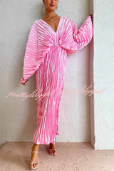 Sculpturally Luxurious Kimono Sleeve Pleated Cocoon Maxi Dress
