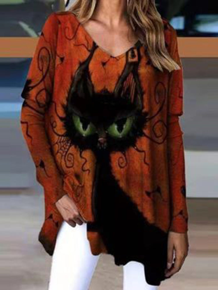 Halloween Cat Print Long Sleeve T-Shirt
