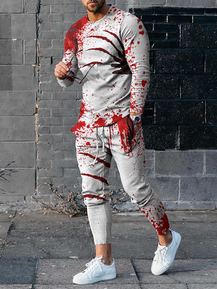 Men's Halloween Blood Stain Printed Long Sleeve T-Shirt And Pants Co-Ord