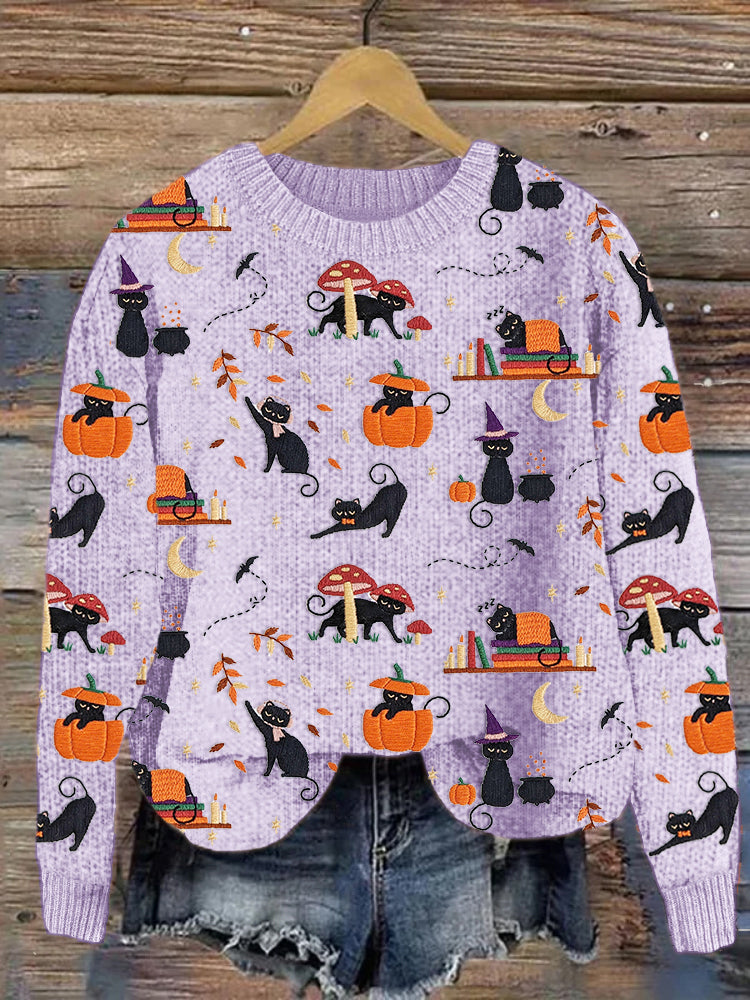 Black Cat Pumpkin Embroidery Pattern Knit Sweater