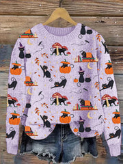 Black Cat Pumpkin Embroidery Pattern Knit Sweater