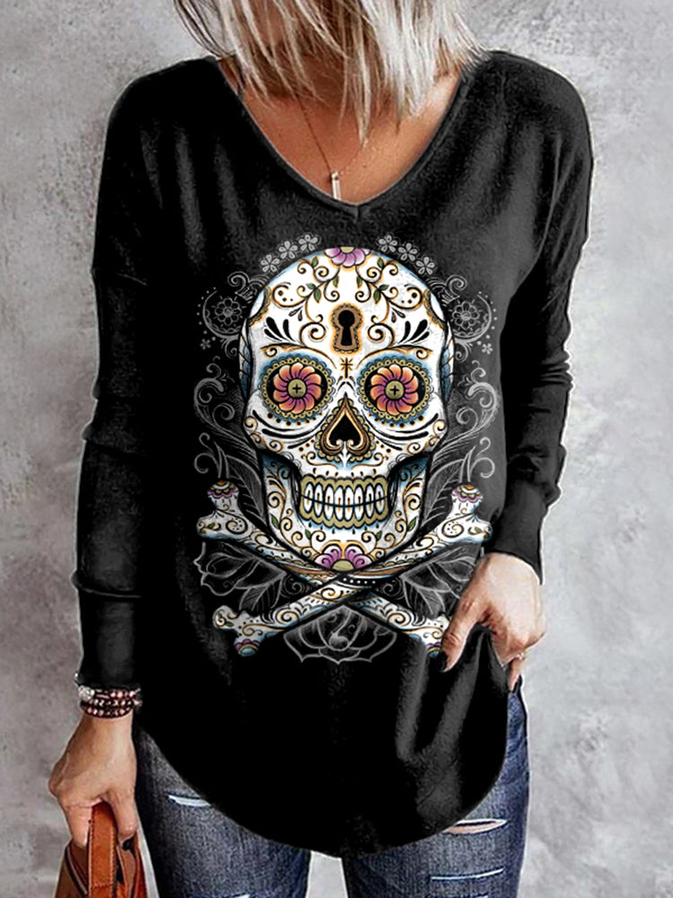 Marigold Skull Print Long Sleeve T-Shirt