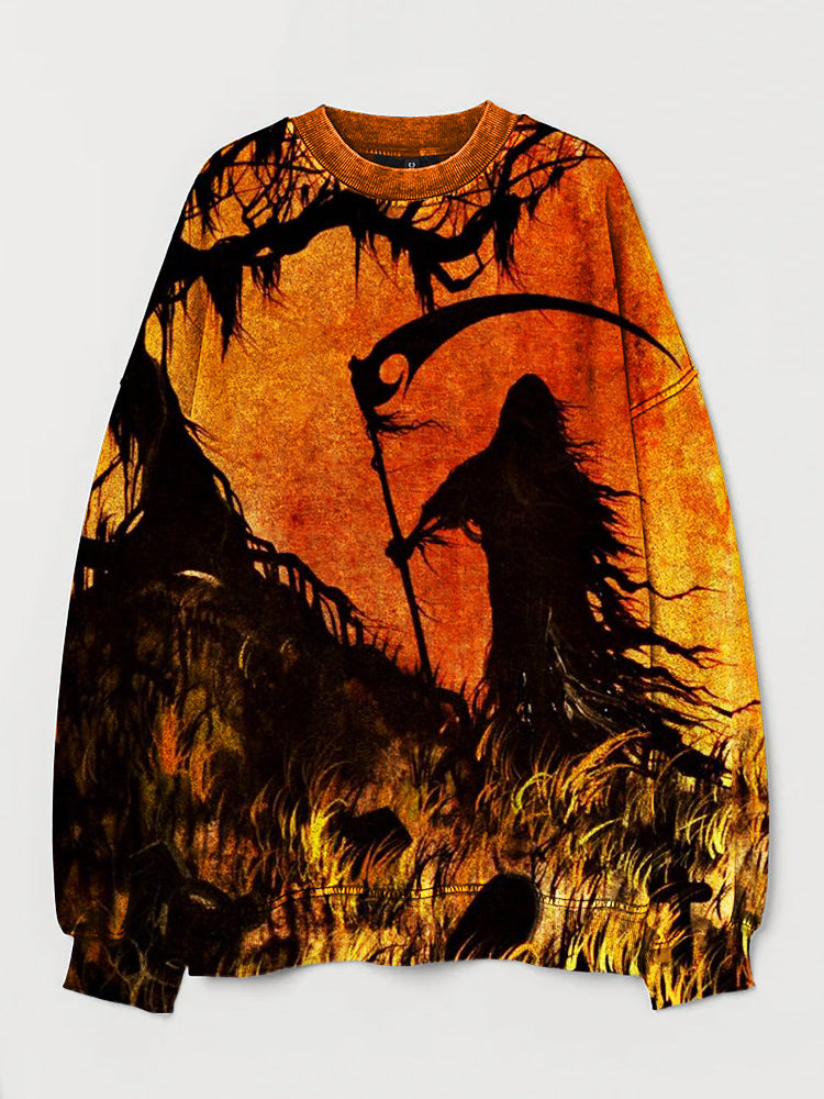 Grim Reaper on Barren Land Art Washed Sweatshirt