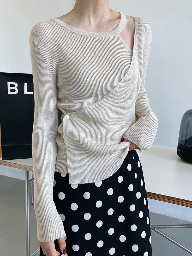 Two False Hollow Out Shoulder Sweater Female Design Sense Hanging Neck Top