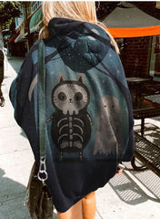 Skull Cat Ghost Print Hoodie