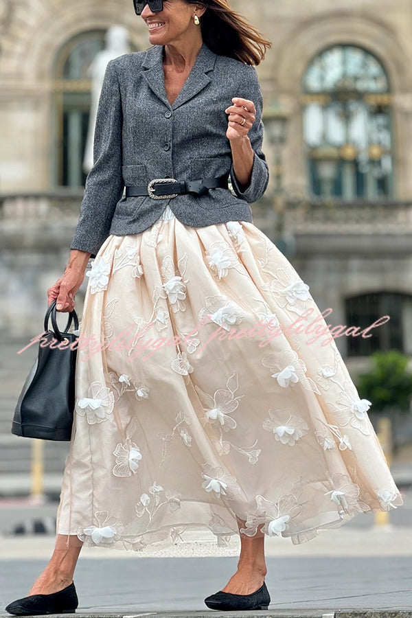 Timeless Luxury Tulle 3D Embroidered Flowers Elastic Waist Large Hem Midi Skirt