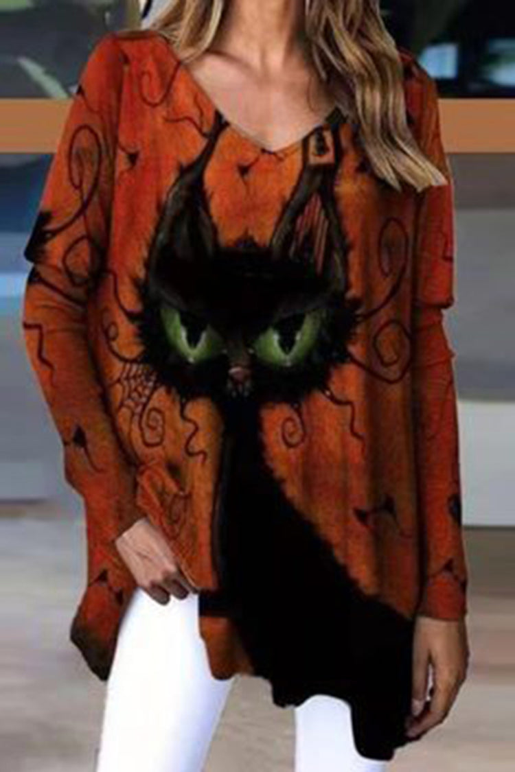 Halloween Cat Print Long Sleeve T-Shirt