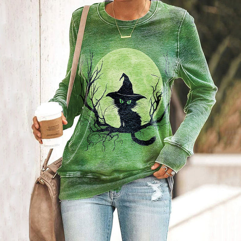 Halloween Cat Print Crew Neck Sweatshirt