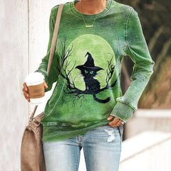 Halloween Cat Print Crew Neck Sweatshirt