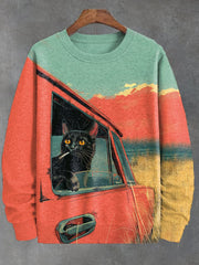Men's Cat Smoking In The Car Sunset Scenery Art Print Sweatshirt