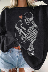 Skull Love Cat Print Sweatshirt
