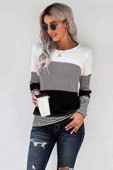 Women's Gray Stylish Colorblock Splicing Stripes Top