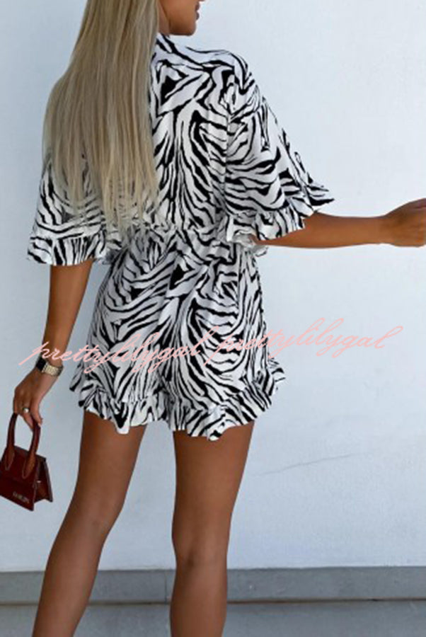 Zebra Print Ruffled Sleeves Dropped Sleeves V Neck Tie High Waist Romper