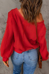 Women's Red Button Front Distressed Knit Top
