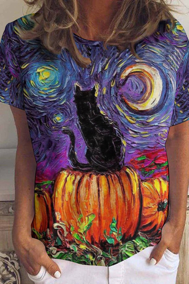 Oil Painting Cat Pumpkin Print Crew Neck T-Shirt