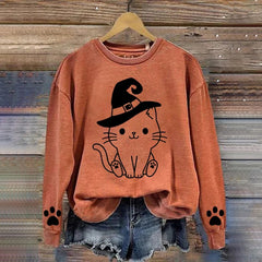 Halloween Witch Hat Cat Printed Sweatshirt