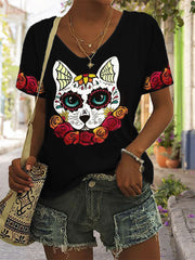 Day Of The Dead Floral Sugar Skull Cat T Shirt