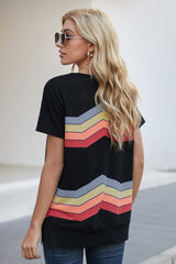 Women's Black Colorful Wavy Stripes Print Short Sleeve Tee