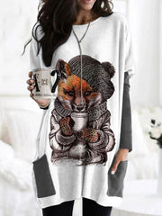 Fall Fox Coffee Autumn Art Embroidered Comfy Tunic