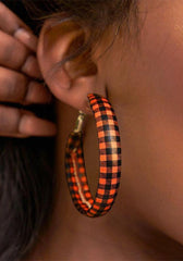 Leather Bound Round Orange Check Earrings