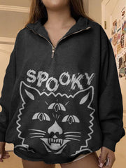 Long Sleeve Spooky Cat Print Sweatshirt