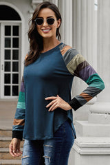 Women's Navy Color Block Long Sleeves Pullover Top