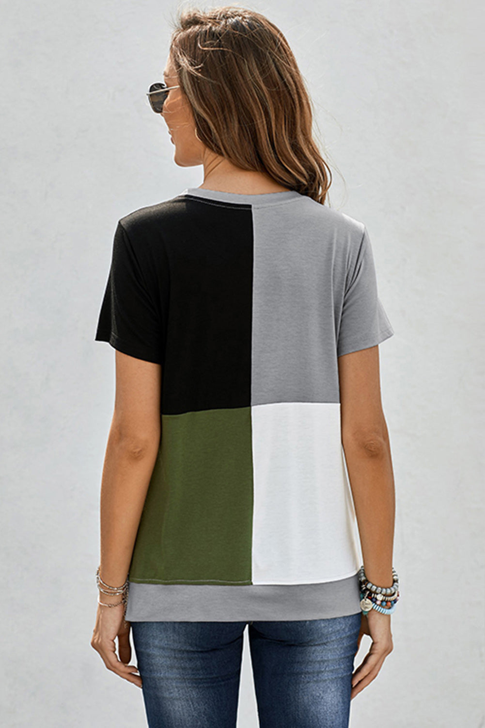 Women's Casual Army Green Colorblock Short Sleeve T-shirt with Slits