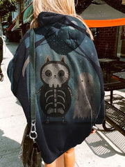 Skull Cat Ghost Print Hoodie
