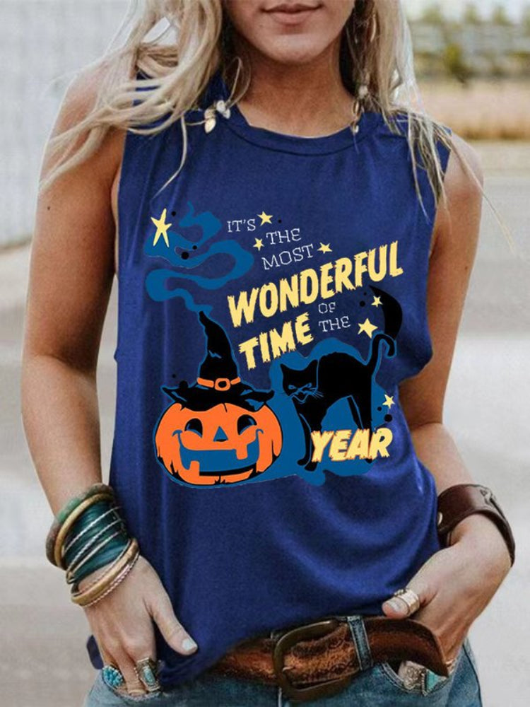Colorful Alphabet Pumpkin And Cat Print Casual Crew Neck Tank Top
