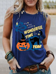 Colorful Alphabet Pumpkin And Cat Print Casual Crew Neck Tank Top