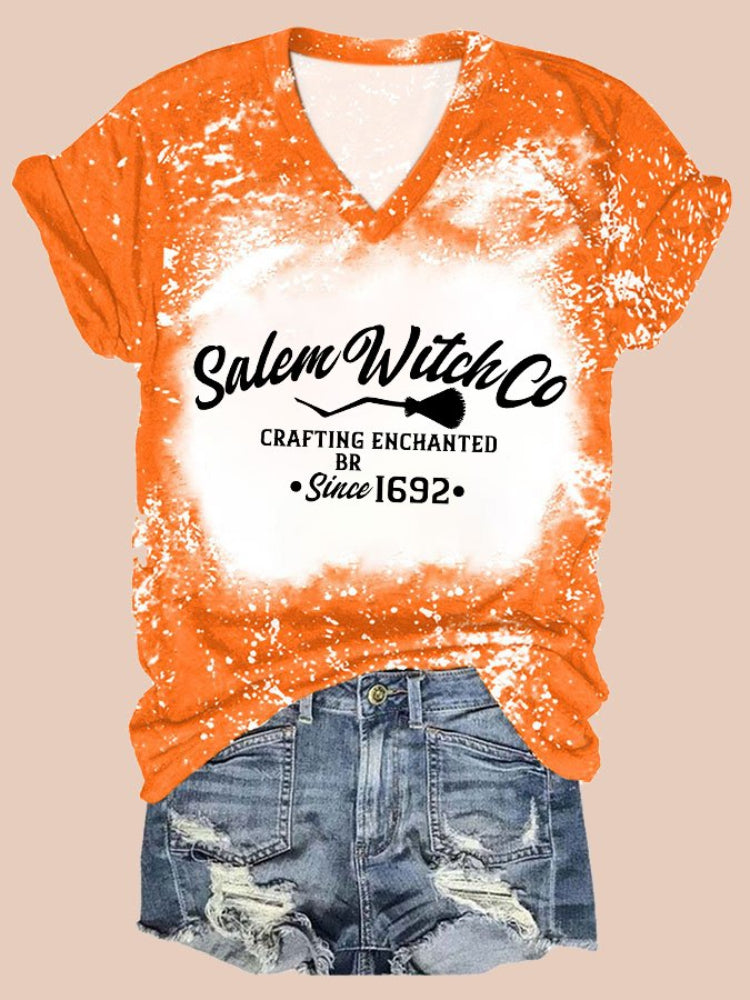 Salem Witch Co Crafting Enchanted since 1692 Printed V Neck Tie Dye T Shirt