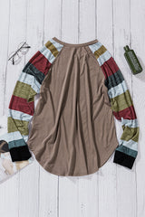 Women's Brown Color Block Long Sleeves Pullover Top