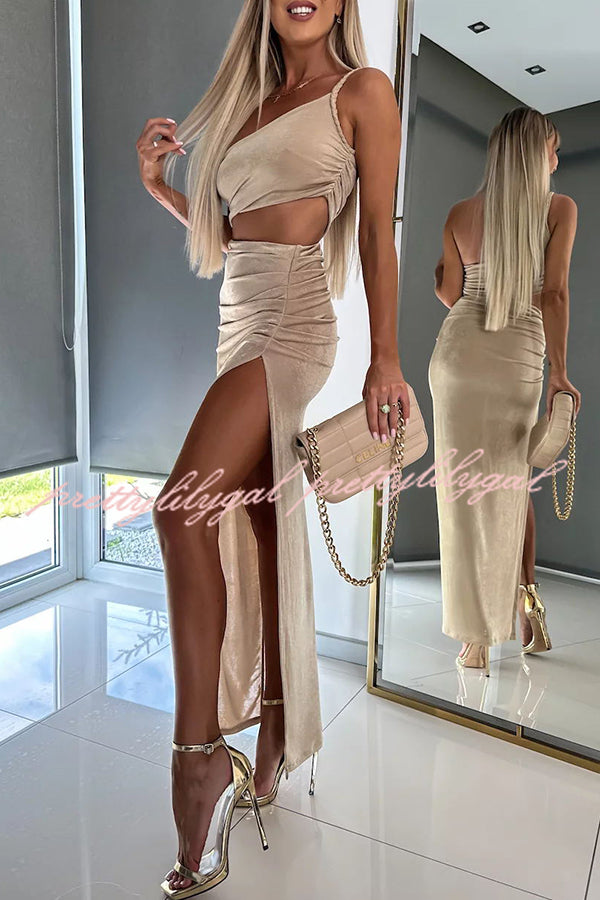 Little Mermaid One Shoulder Cutout Waist Ruched Stretch Maxi Dress