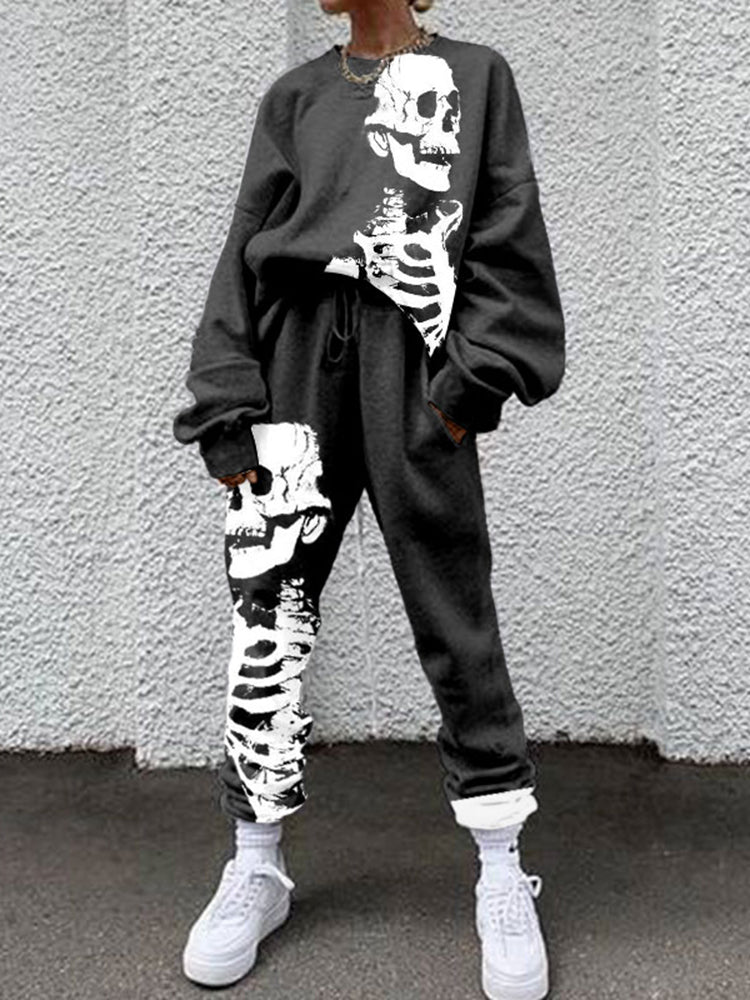 Casual Skull Print Long Sleeve Two Piece Set