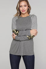 Women's Gray Striped and Leopard Color Block Long Sleeves Top