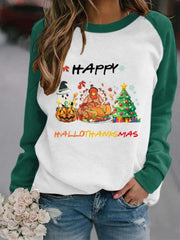 Ghost Turkey Christmas Tree Print Contrast Sweatshirt