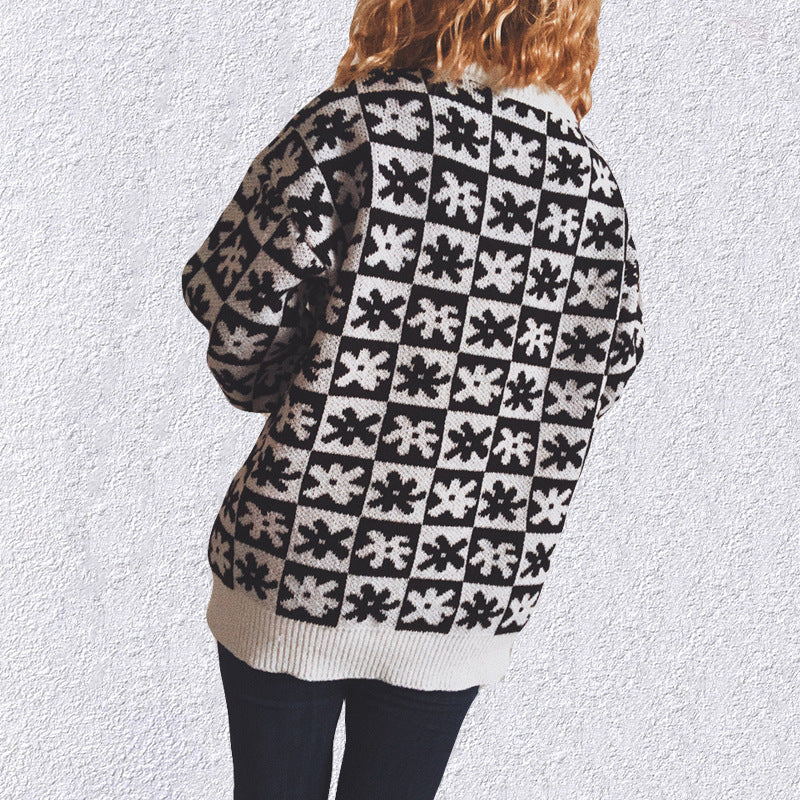 Casual Floral Plaid Round Collar Long Sleeve Loose Knit Sweater