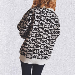 Casual Floral Plaid Round Collar Long Sleeve Loose Knit Sweater
