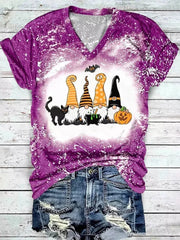 Halloween Pumpkin Face Bat Cat Gnomies Print T-Shirt