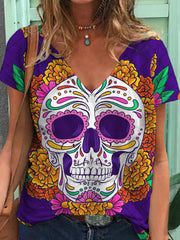 Marigold Skull Print V-Neck T-Shirt