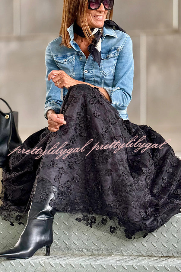 Timeless Luxury Tulle 3D Embroidered Flowers Elastic Waist Large Hem Midi Skirt