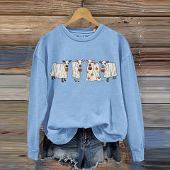 Women's Halloween Cow Ghost Print Casual Long Sleeve Sweatshirt