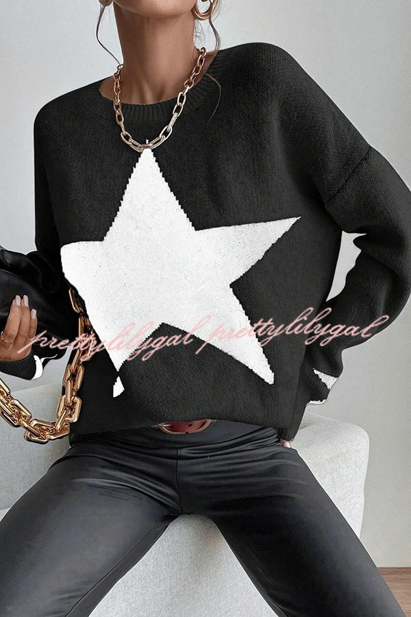 Essnce Star Pattern Crew Neck Long Sleeve Sweater