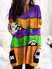 Halloween Lovely Monster Colorblock Patch Pocket Tunic