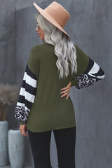Women's Green V Neck Lantern Sleeve Stripe Splice Long Sleeve Top