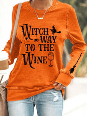 Halloween Wicth Way To The Wine Print Sweatshirt