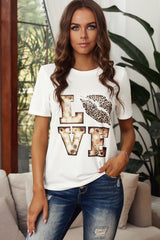 Women's Cute White Crew Neck Cartoon Letter Print Valentine Short Sleeve Tee