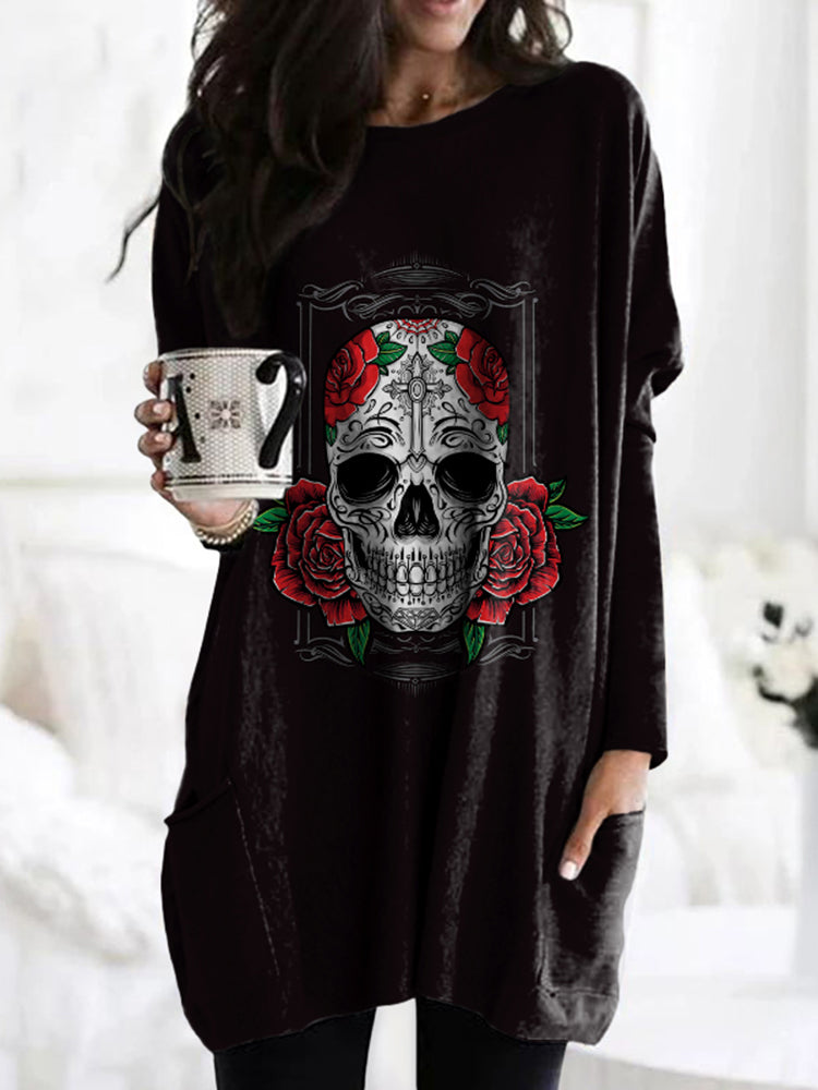 Day Of The Dead Print Crew Neck Pocket Casual Tunic