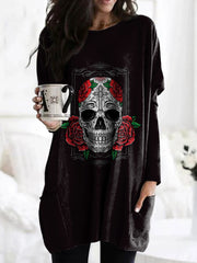 Day Of The Dead Print Crew Neck Pocket Casual Tunic
