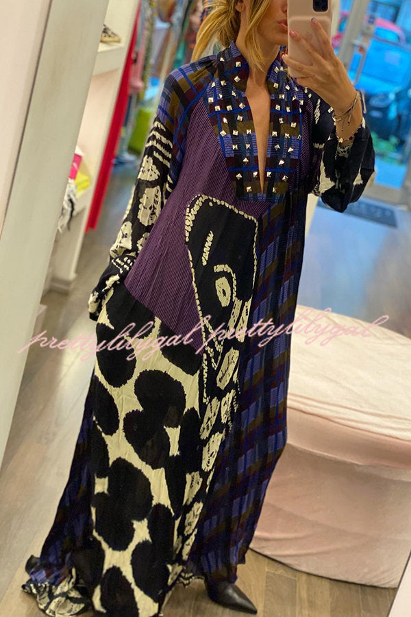 Creative Colorblock Print Long Sleeve Pocketed Shirt Maxi Dress